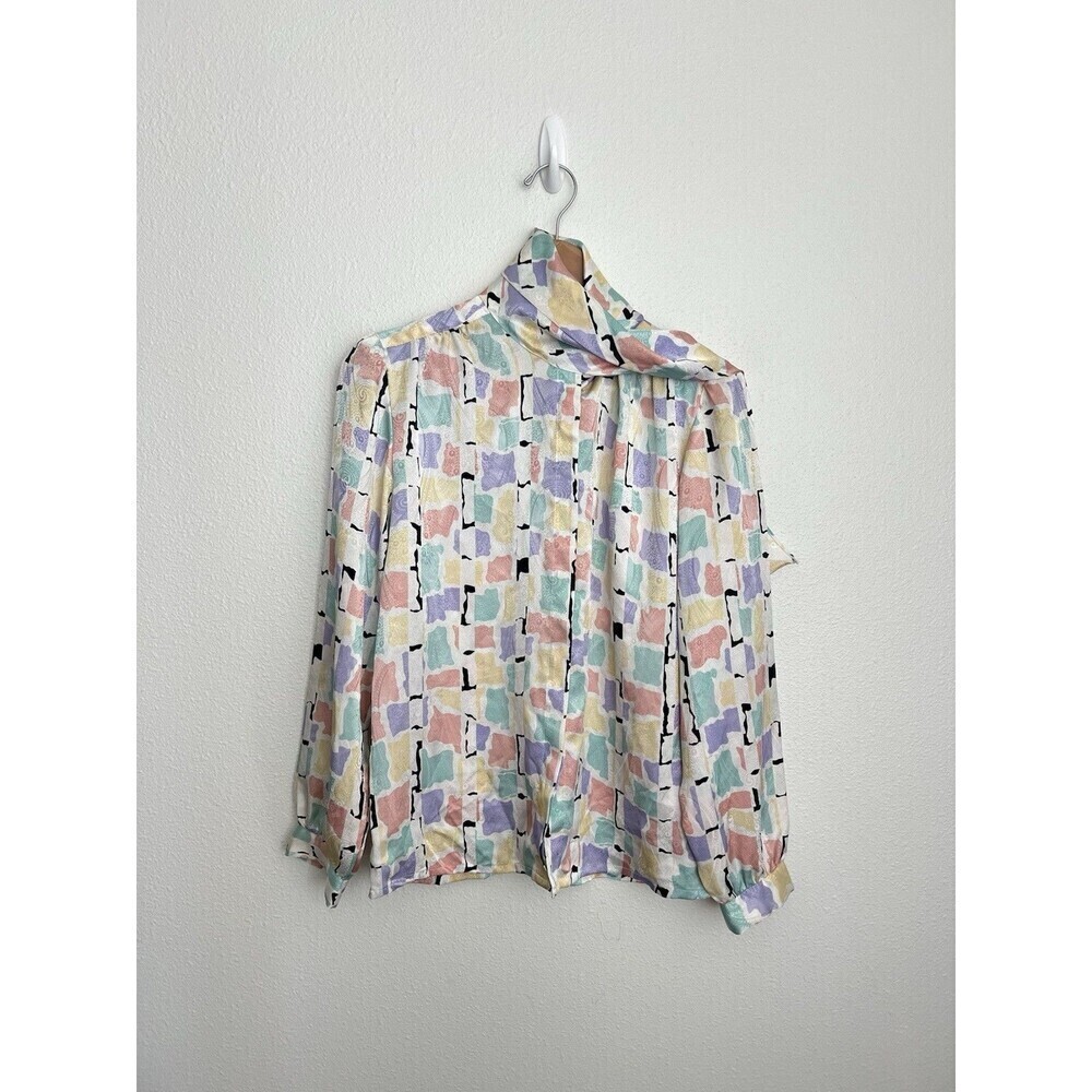 VTG 80s La Chine Classic Pastel Abstract Button Up M Secretary Tie Neck Office